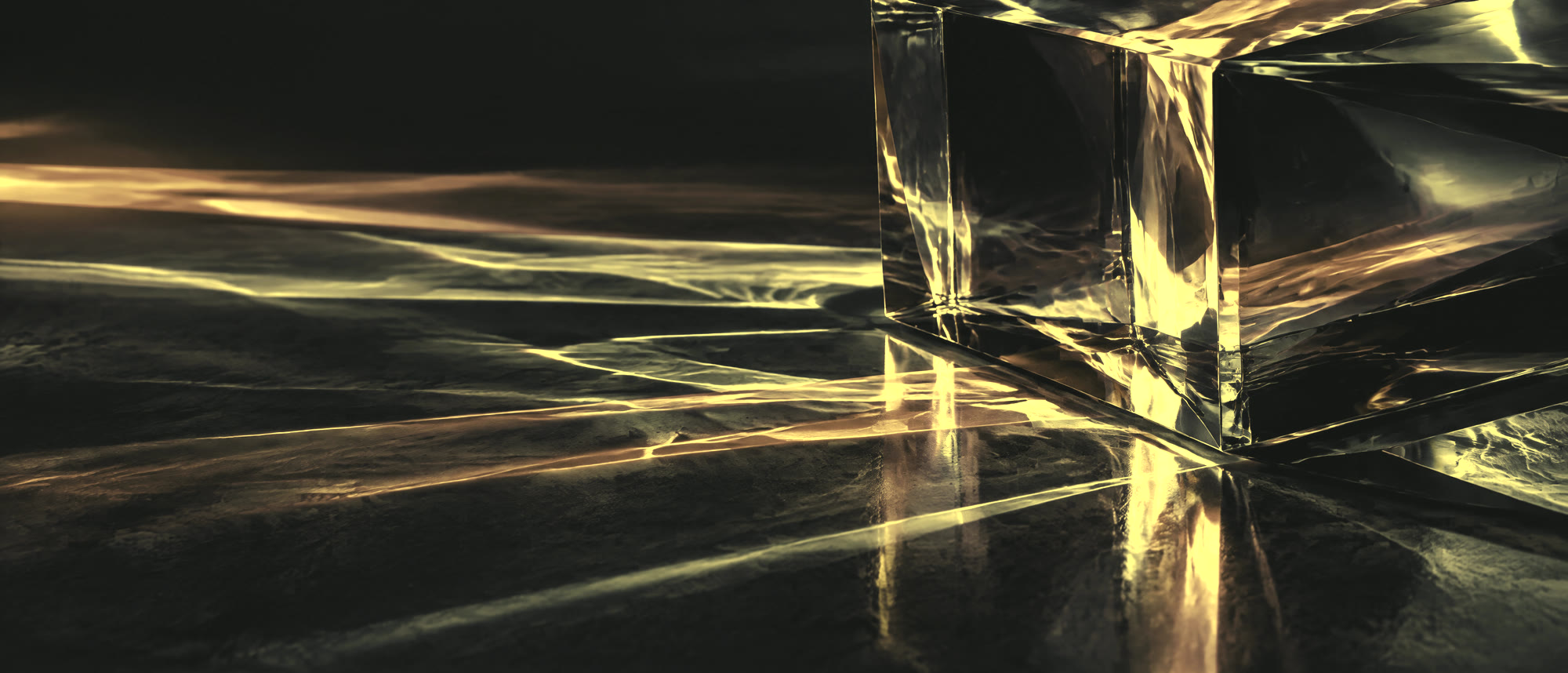 Warm light refracting through a thick faceted glass block