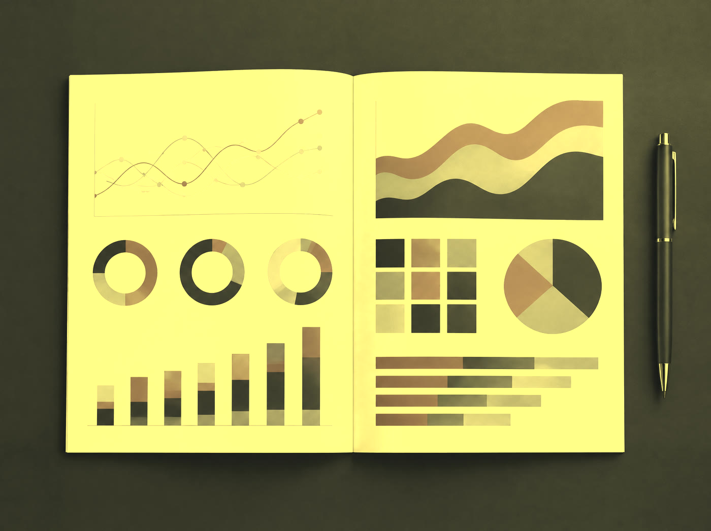 An open printed report showing abstract charts